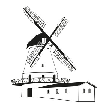 Silhouette of a windmill. Vintage drawing. Vector illustration.