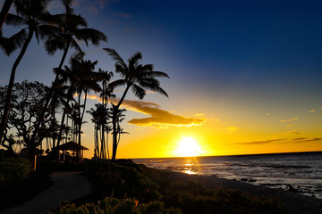 Obraz premium Beatiful Hawaiian sunset on the beach with oceanview