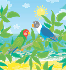 Amusing colorful parrots with brightly colored plumage, perched on a green tree branch in a tropical jungle on a blue sea background on a sunny summer day, vector cartoon illustration