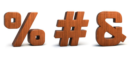 wood symbol %, #, &, 3d wooden font isolated on white background