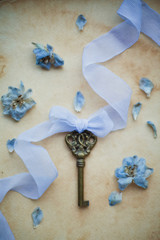 Vintage golden key with blue silk ribbon