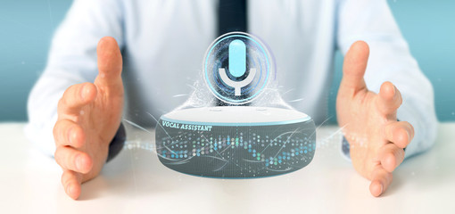 Businessman holding a vocal assistant and wave equaliser - 3d rendering