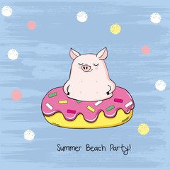 Vector illustration of cute cartoon pig swimming on pool ring inflatable pink donut among the sea isolated on a blue  scratch background, cartoon card in kawaii anime style, summer beach party