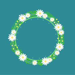 Green floral frame hand drawn with chamomile on blue background.	