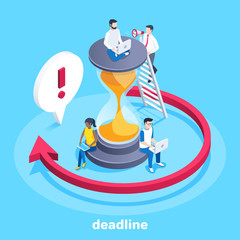 isometric vector image on a blue background, people on a large hourglass and a time arrow running in a circle, work on the edge of the deadline and finish the work on time