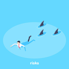 isometric vector image on a blue background, a man in a business suit floats away from sharks, risks in business