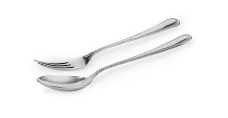 Steel spoon and fork isolated on white background.