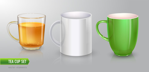 Vector set of cup for tea or coffee. Ceramic, glass transparent cup.