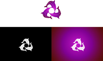 Three dolphins illustrated abstractly and positioned symmetrically to make a logo