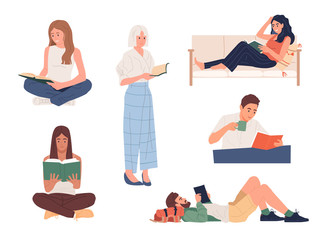 Collection of people reading or students studying. Set of book lovers, readers, modern literature fans isolated on white background. Flat cartoon vector illustration.