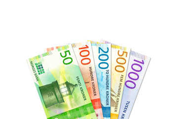 some new norwegian krone banknotes indicating economics with copy space