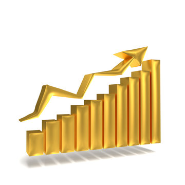 Business Gold Graph With Arrow Showing The Success. Gold Market Online Gold Concept. Bar Gold Chart Business Growth With Rising Up Arrow. 3d Rendering.