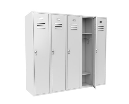 Row of white metal gym lockers with one open door. 3d rendering illustration