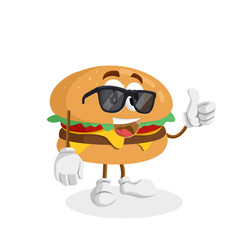 Burger logo mascot thumb pose and background with flat design style for your mascot branding.