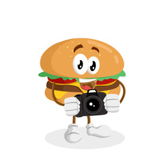 Burger Logo mascot with camera pose and background with flat design style for your mascot branding.