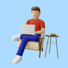 3D illustration render character cartoon work from home use laptop working and video call meeting team update project office stay at home in disease virus covid-19 scourge