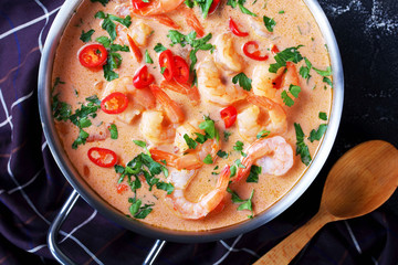 Tom Yum soup, tom kha soup in a saucepan