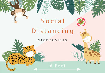 Cute animal social ditancing collection with leopard,giraffe,monkey is wearing mask.Vector illustration for prevention the spread of bacteria,coronviruses