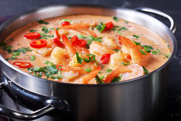 close-up of Tom Yum soup, top view