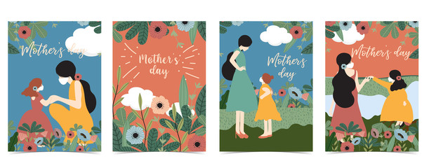 Mother's Day background with women,daughter,flower and leaf.Editable vector illustration for invitation,postcard and website banner