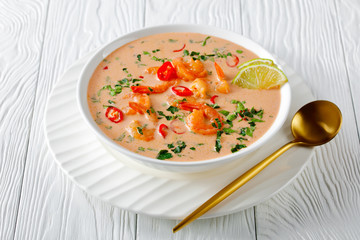 close-up of Tom Yum soup in a bowl