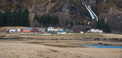 The Systrafoss waterfall above Kirkjubaejarklaustur town in Southeast Iceland