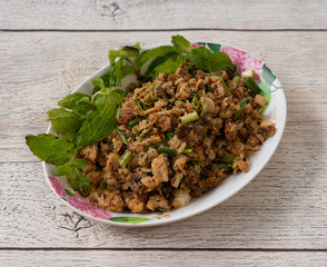 Mixed Spicy Minced Pork and Duck Salads  Thai Food 