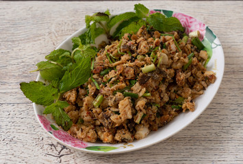 Mixed Spicy Minced Pork and Duck Salads  Thai Food 