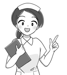モノクロ・笑顔の看護師さんのイラスト4	
