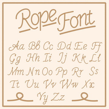 Rope alphabet vector font. Sign, script. Illustration of string abc, vintage sea alphabet design