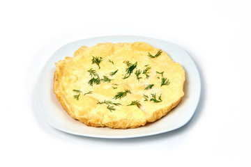 Fried eggs on a plate on white background