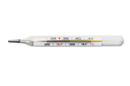 the thermometer shows a high body temperature of 38.7, fever, isolated on a white background