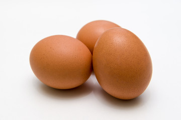 three brown eggs on a white background close up