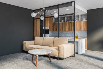 Gray living room and kitchen corner