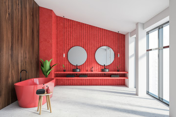 Red and wooden bathroom interior, tub and sink