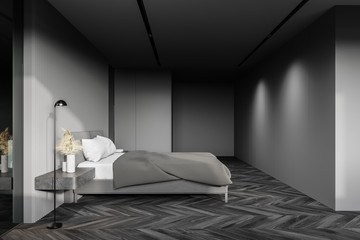 Fototapeta na wymiar Minimalistic gray bedroom, side view