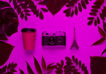 Creative minimalistic background travel to Paris. Retro camera, cup, eiffel tower figurine in pink neon light with green leaves