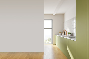 Obraz na płótnie Canvas White and green kitchen, countertops and mock up
