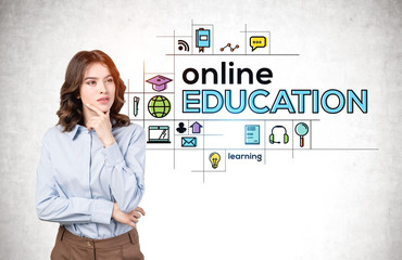 Thoughtful young woman, online education icons