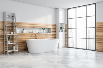 Fototapeta na wymiar White and wood bathroom corner with tub and shelf