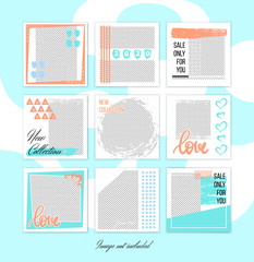 Naklejka premium Social media pack Posts for internet content, site for Bloggers, Fashion, ad, Lifestyle brands, Creative businesses blog. Set of square Presentation templates.