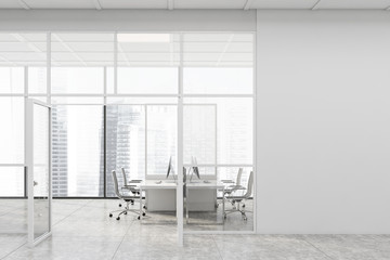 White open space office hall with mock up wall