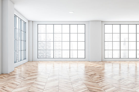 Empty white office room interior with windows