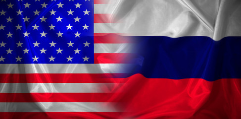 Fototapeta na wymiar Confrontation, cooperation between the two powers. Usa flag and Russia flag.