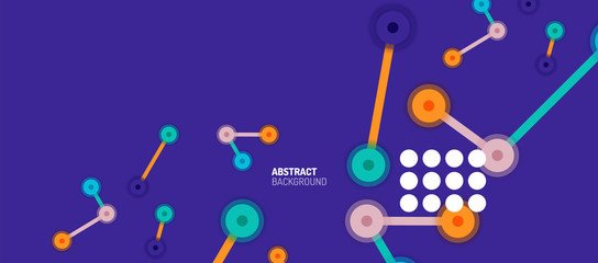 Flat style geometric abstract background, round dots or circle connections on color background. Technology network concept.