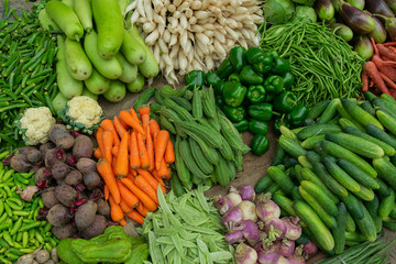 Vegetables for sale in a market in Territy Bazar, Kolkata, West Bengal, India.