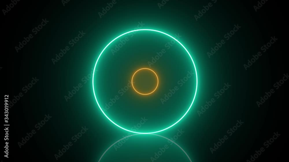 Poster neon circles with changing colors and reflections on the floor - abstract movement in a seamless loo