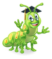 A clever teacher or professor bookworm caterpillar worm cartoon character education mascot wearing graduation mortar board hat and glasses