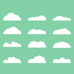 Set of diffenrent cloud icons in flat design isolated on green background. Cloud symbol for your web etc