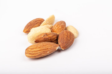 Healthy nuts on White Background. Nuts are a snack food consisting of any mixture of mechanically or manually combined nuts.